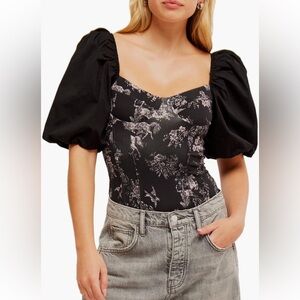 Free People Black and White Puff Sleeve Blouse